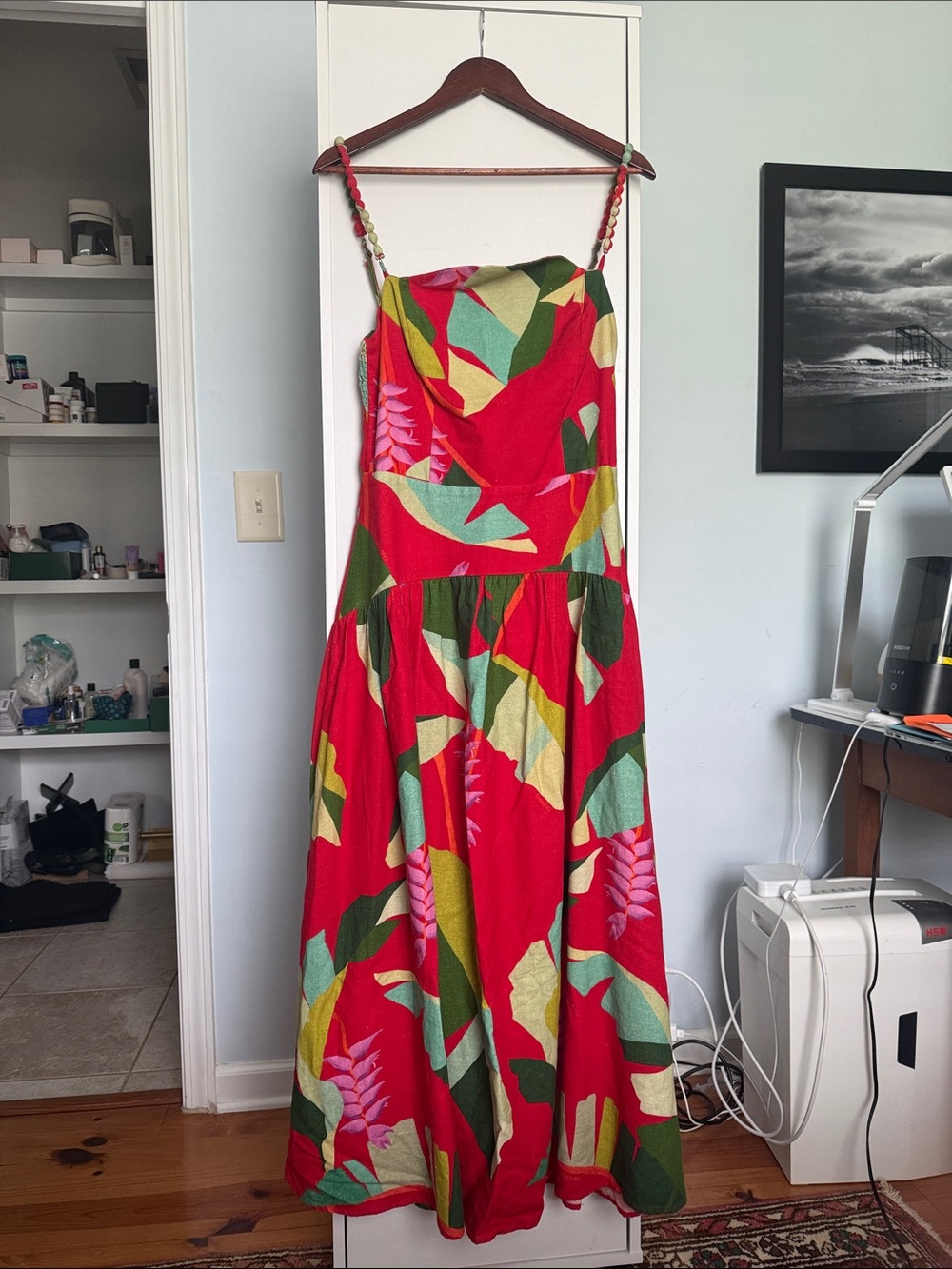 FARM Rio Red Tropical Maxi Dress with Multicolor Leaf Print